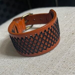 UNISEX Brown Leather Bracelet with Black Lattice Design